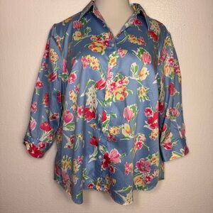Chaps no iron Floral Blue Button Up spring Shirt size 1X
